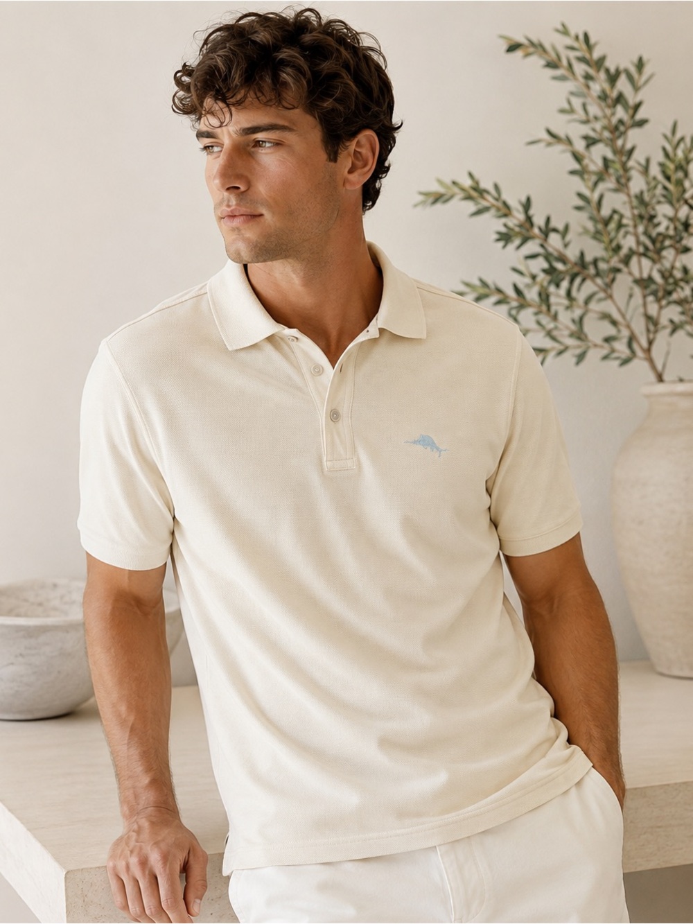 Tommy Bahama Cream Polo Shirt with Light Blue Marlin Logo